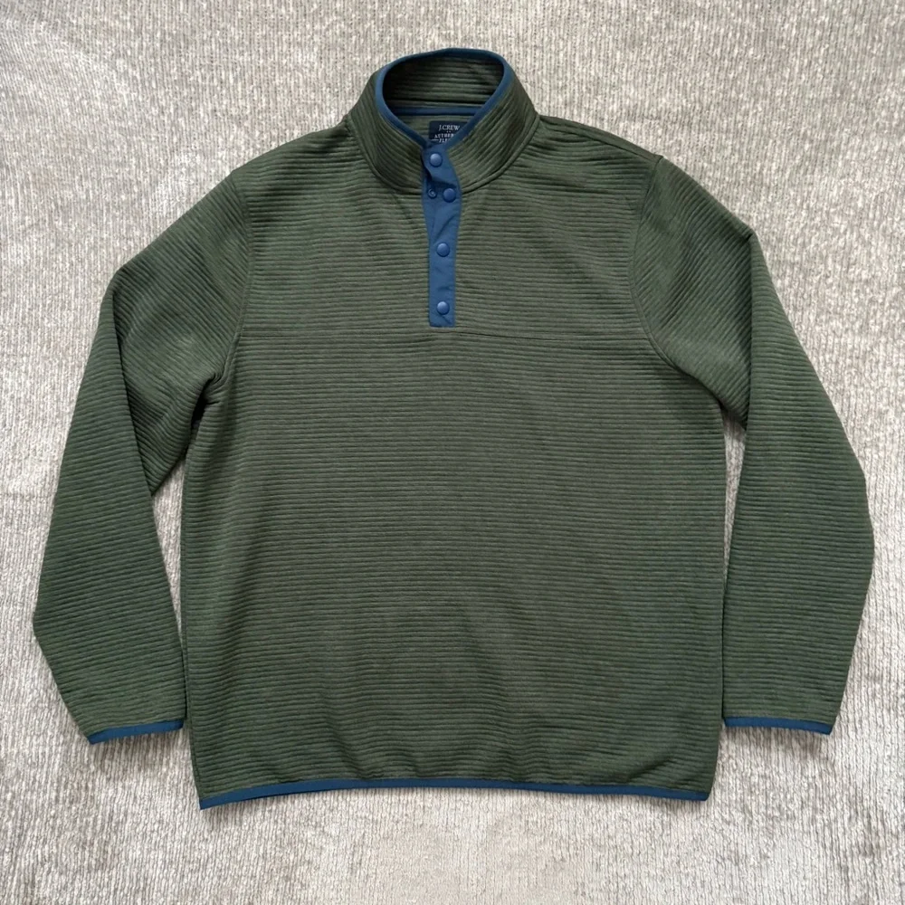 J.Crew Authentic Fleece Pullover Green XL Snap Mock Neck‎ Long Sleeve